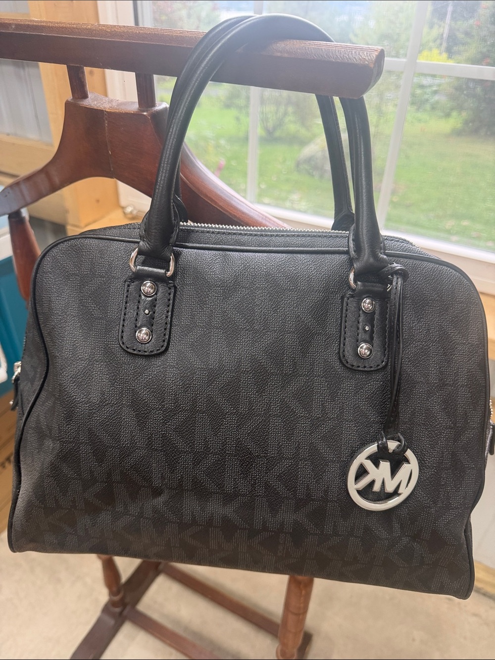 Michael Kors Black Logo Dome Satchel with Silver Charm